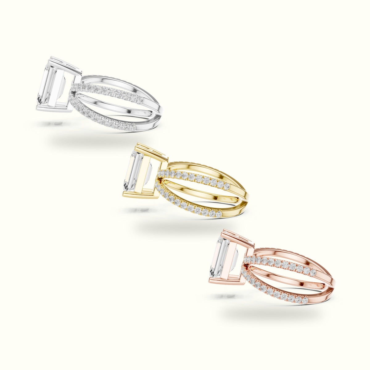 Emerald Cut Split Shank Pavé Engagement Ring — Rose gold, in yellow, white and rose gold | Crystal N Cuts