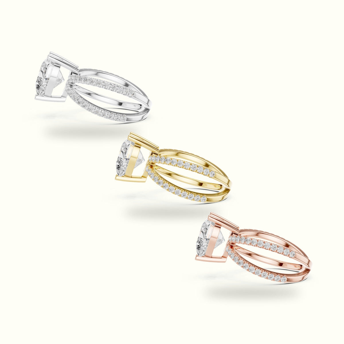 Heart Shape Split Shank Pavé Engagement Ring — Rose gold, in yellow, white and rose gold | Crystal N Cuts