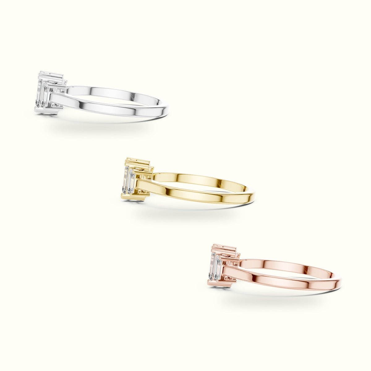 Emerald Three-Stone Basket Lab-Grown Diamond Ring — Rose gold, in yellow, white and rose gold | Crystal N Cuts