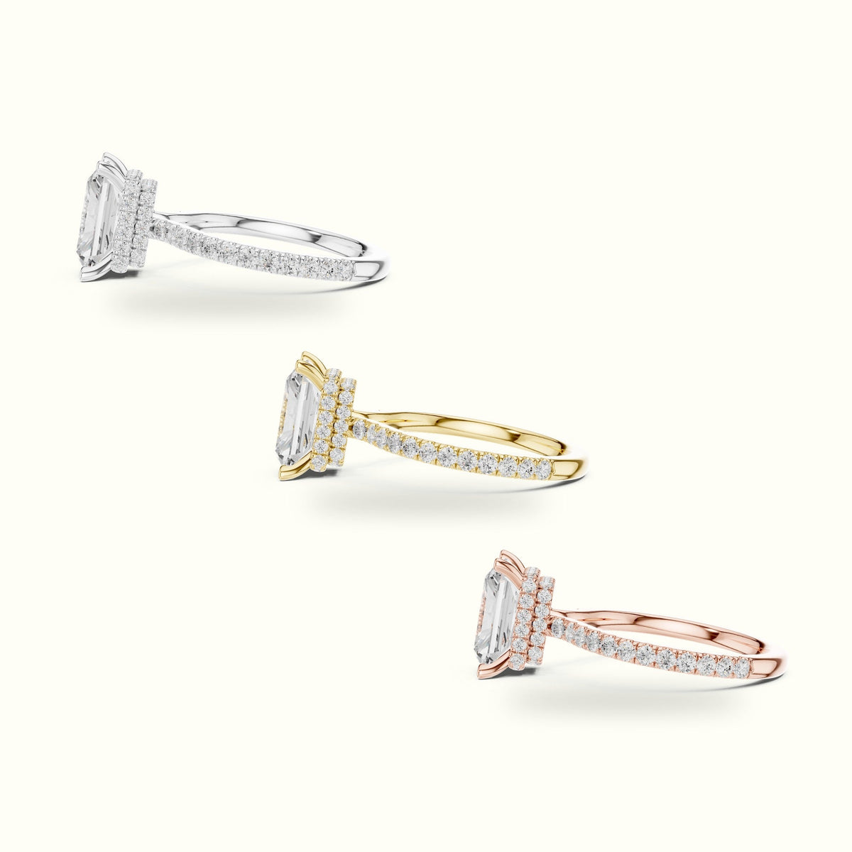 Radiant Double Hidden Halo Pavé Engagement Ring — Rose gold, in yellow, white and rose gold | Crystal N Cuts