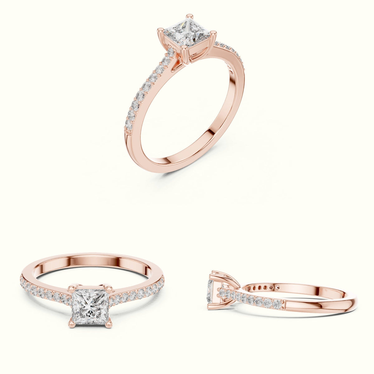 The Princess Basket Solitaire Ring — Rose gold, on the hand | Crystal N Cuts