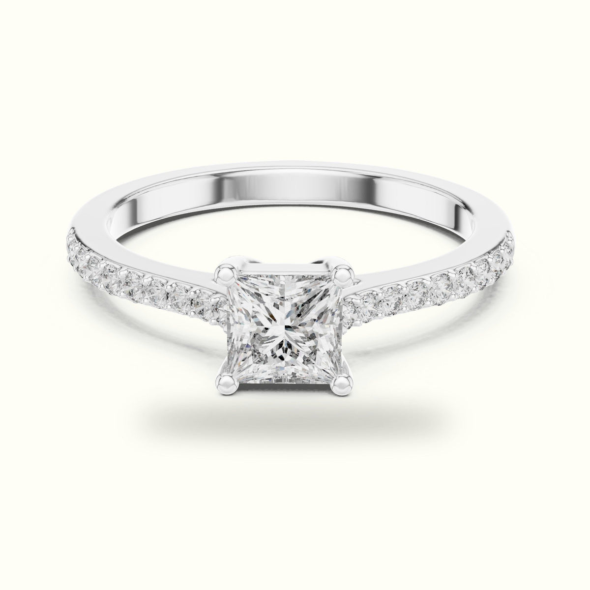 The Princess Basket Solitaire Ring — White gold, front view | Crystal N Cuts