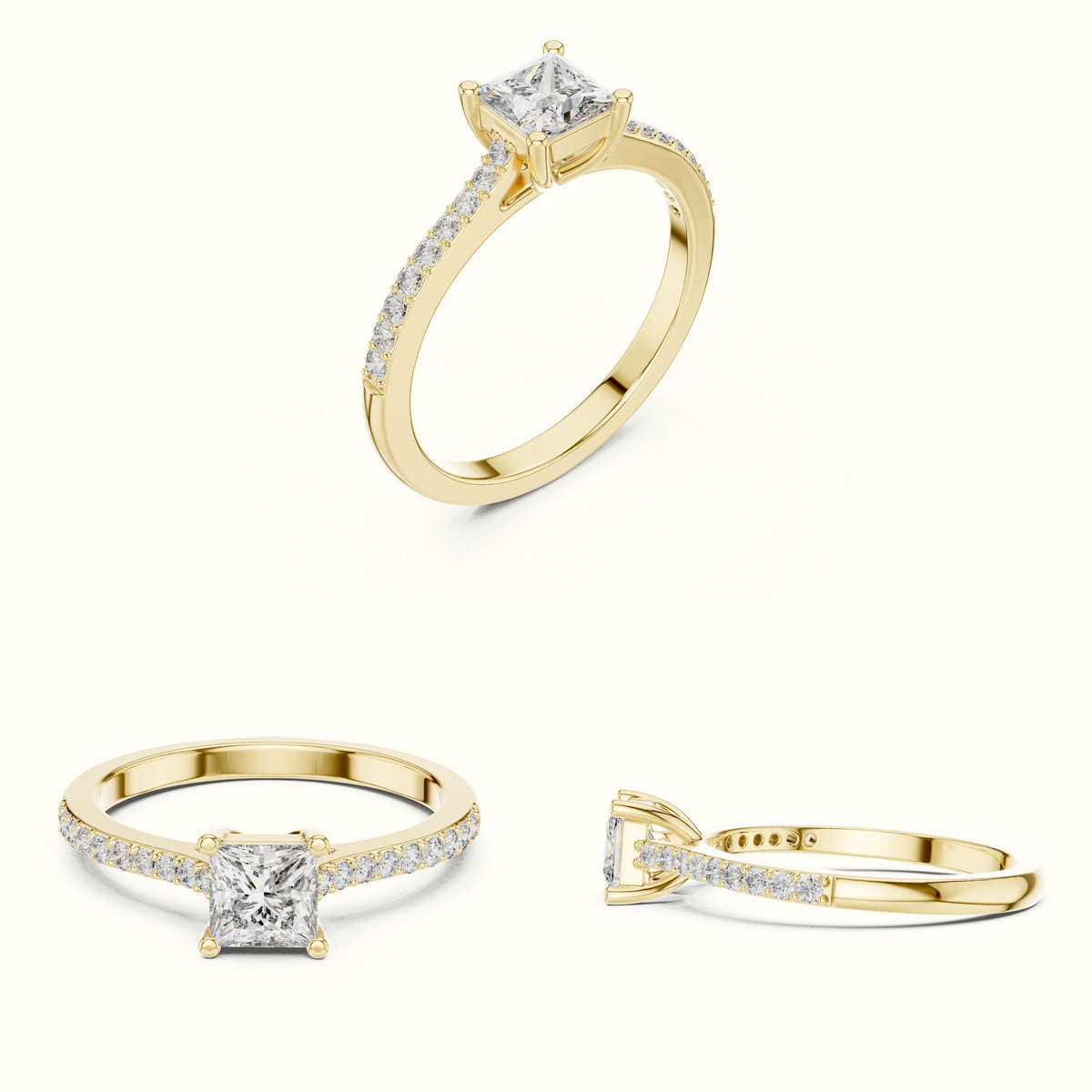 The Princess Basket Solitaire Ring — Yellow gold, on the hand | Crystal N Cuts
