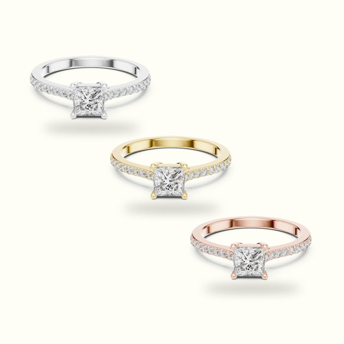The Princess Basket Solitaire Ring — Yellow gold, front view | Crystal N Cuts