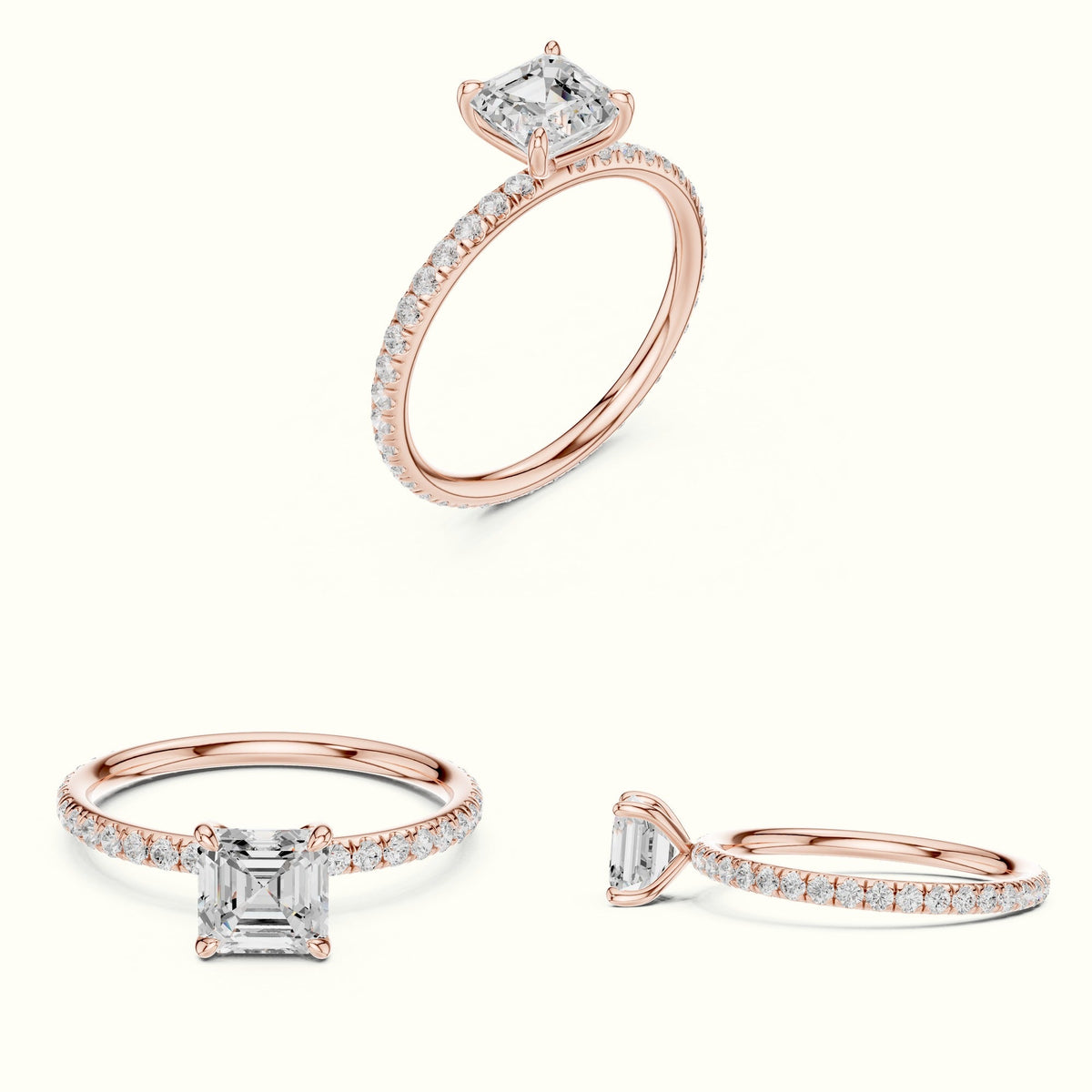 Four-Prong Asscher Lab-Grown Diamond Solitaire Ring — Rose gold, on the hand | Crystal N Cuts