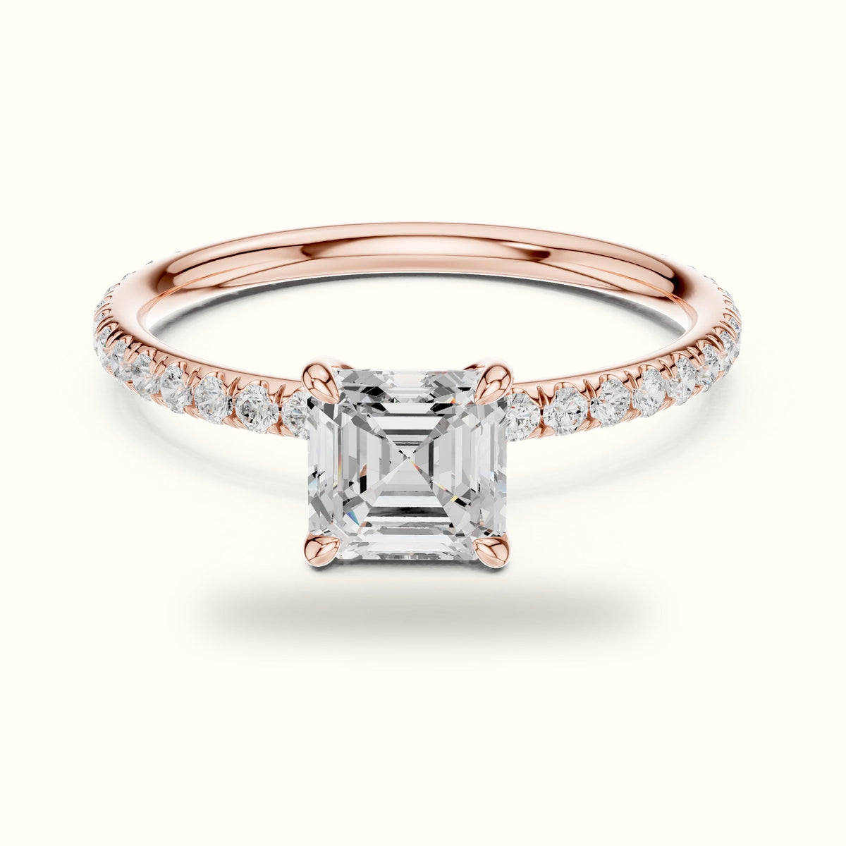 Four-Prong Asscher Lab-Grown Diamond Solitaire Ring — Rose gold, front view | Crystal N Cuts