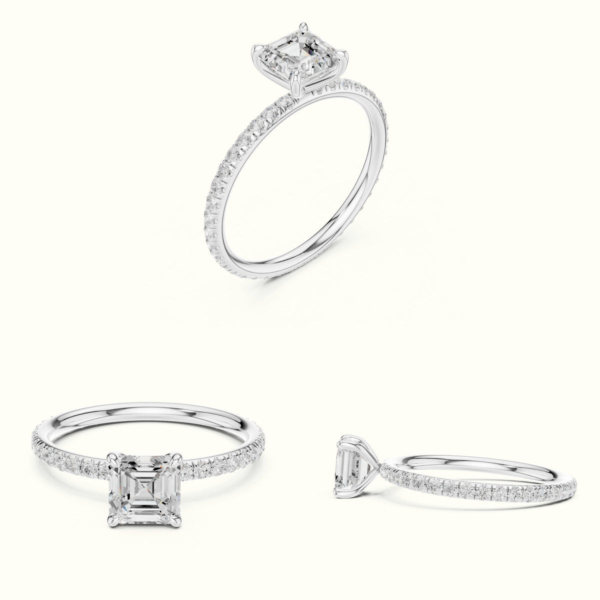 Four-Prong Asscher Lab-Grown Diamond Solitaire Ring — White gold, on the hand | Crystal N Cuts