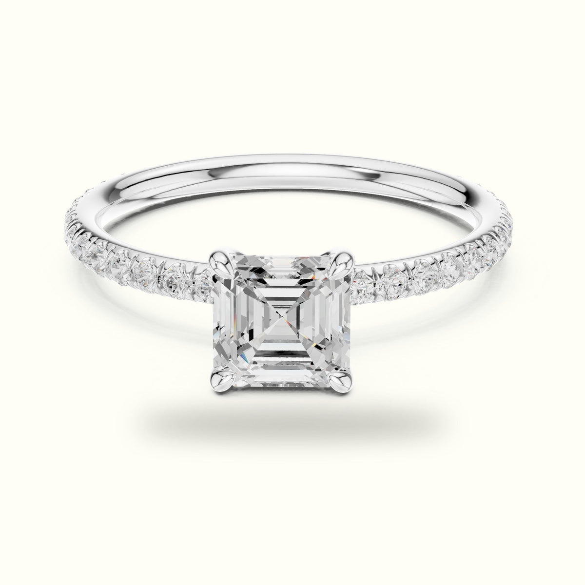 Four-Prong Asscher Lab-Grown Diamond Solitaire Ring — White gold, front view | Crystal N Cuts