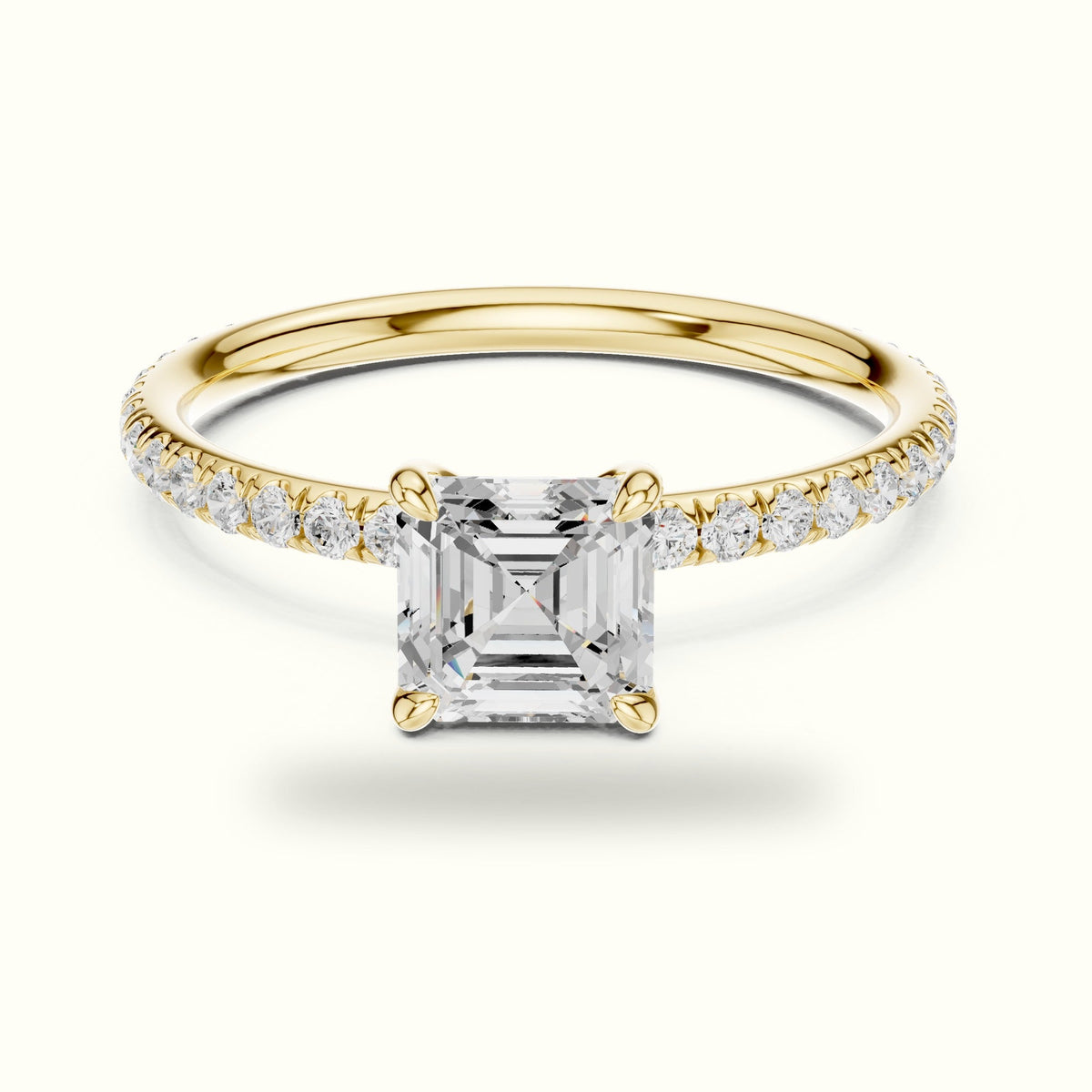 Four-Prong Asscher Lab-Grown Diamond Solitaire Ring — Yellow gold, front view | Crystal N Cuts