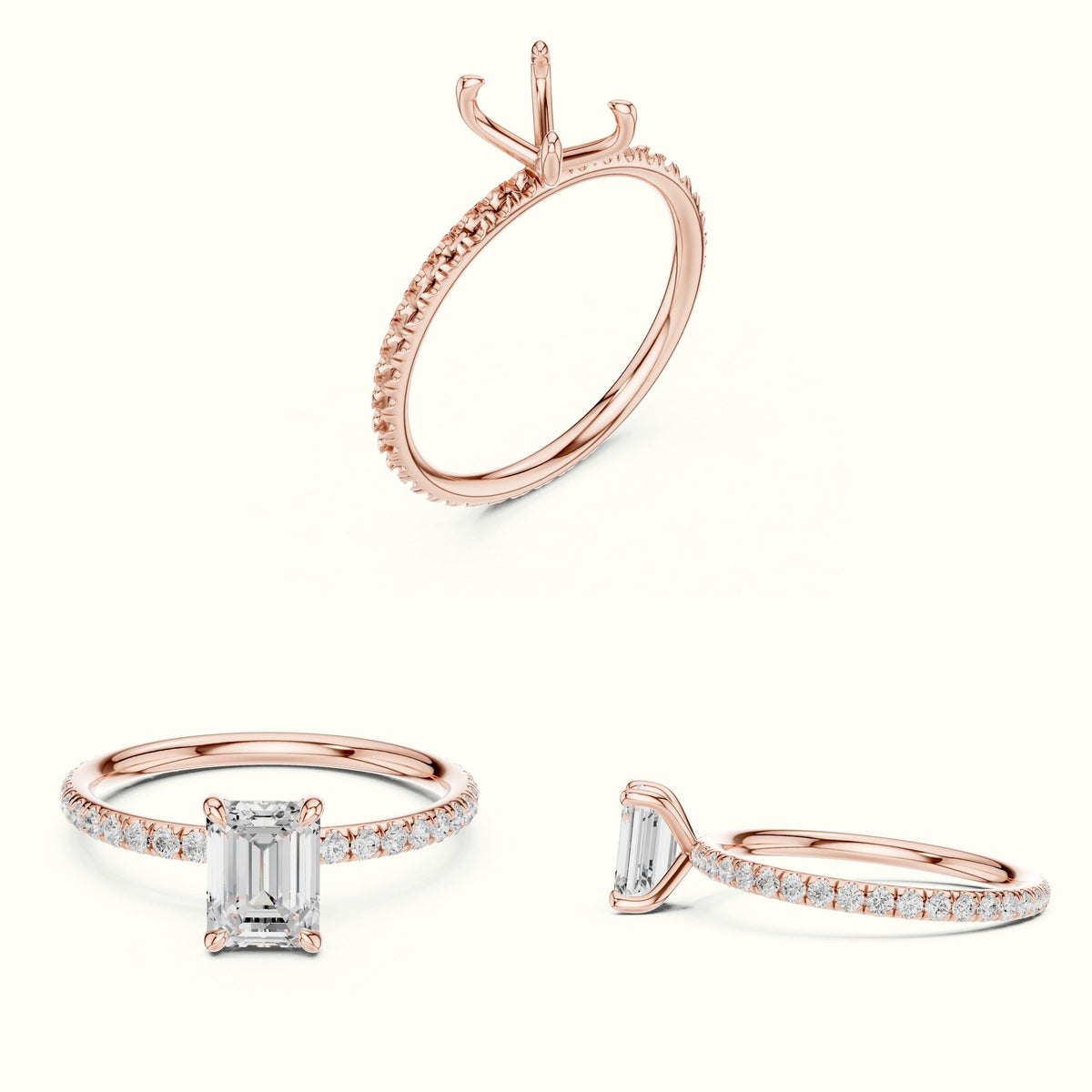Emerald Shape Four Prong Solitaire Ring — Rose gold, on the hand | Crystal N Cuts