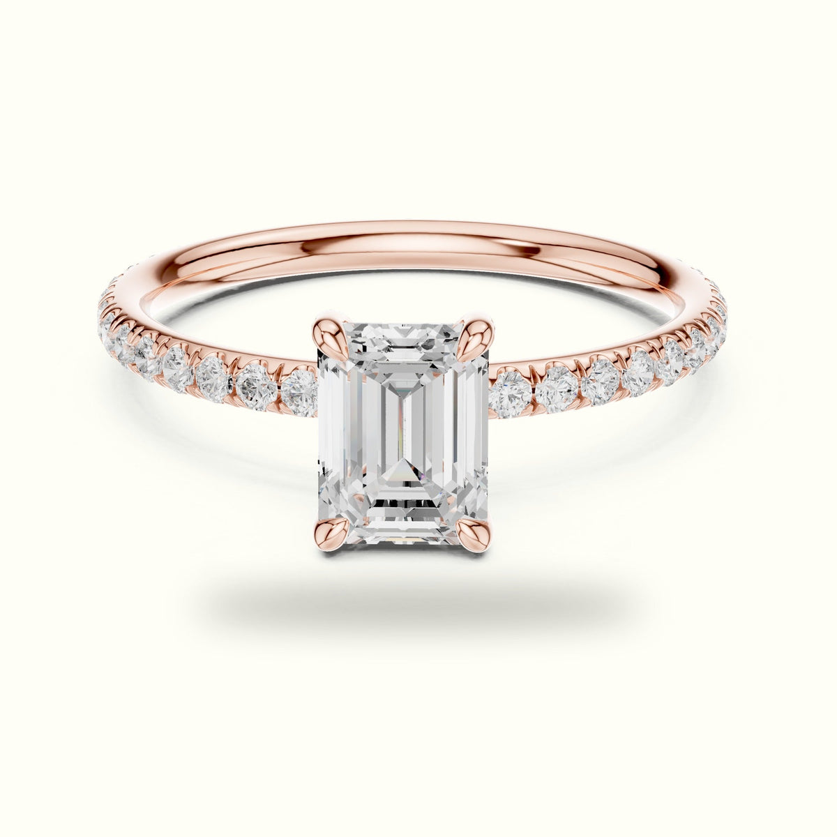 Emerald Shape Four Prong Solitaire Ring — Rose gold, front view | Crystal N Cuts