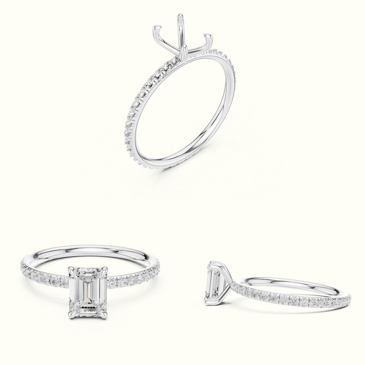 Emerald Shape Four Prong Solitaire Ring — White gold, on the hand | Crystal N Cuts