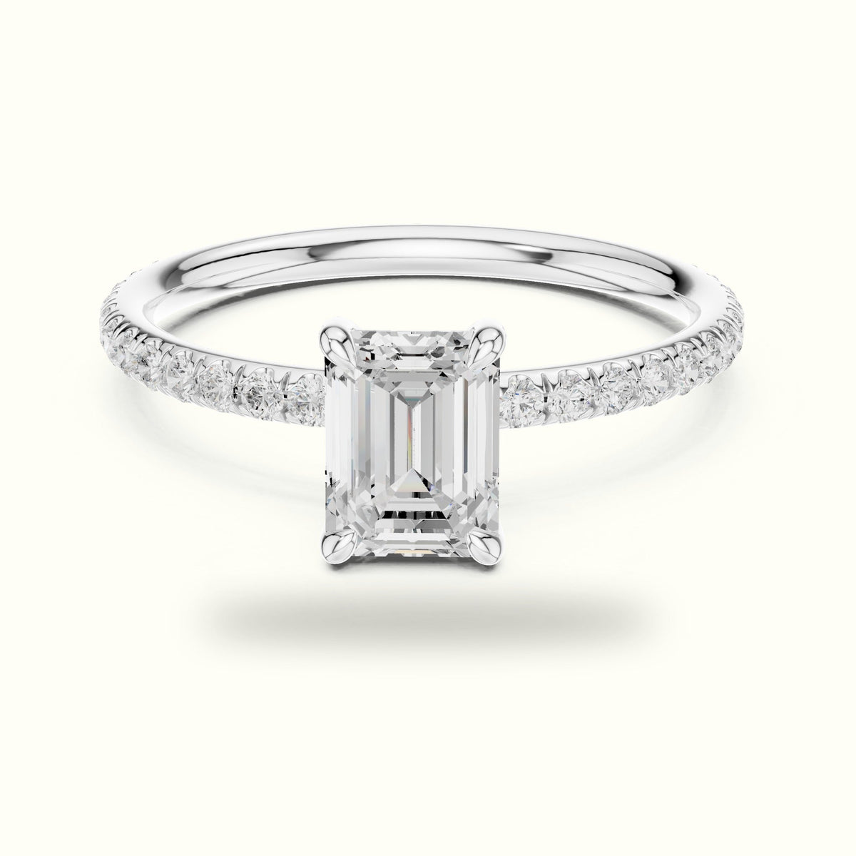 Emerald Shape Four Prong Solitaire Ring — White gold, front view | Crystal N Cuts