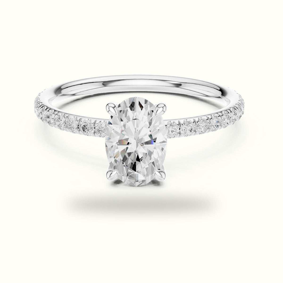 Oval Four-Prong Lab-Grown Diamond Solitaire Ring — White gold, front view | Crystal N Cuts