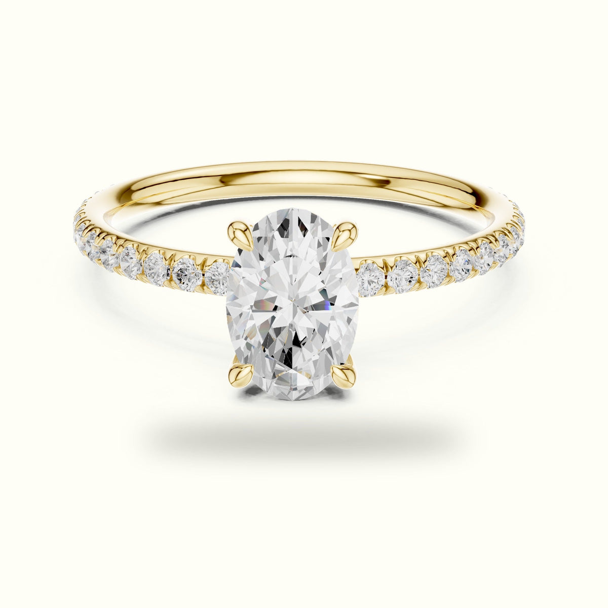 Oval Four-Prong Lab-Grown Diamond Solitaire Ring — Yellow gold, front view | Crystal N Cuts