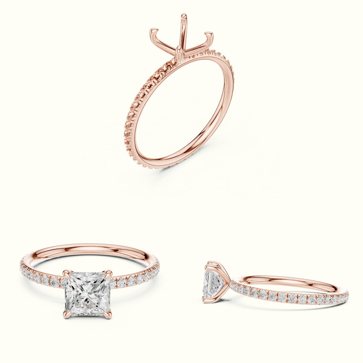 Princess Peg Head Lab-Grown Diamond Solitaire Ring — Rose gold, on the hand | Crystal N Cuts