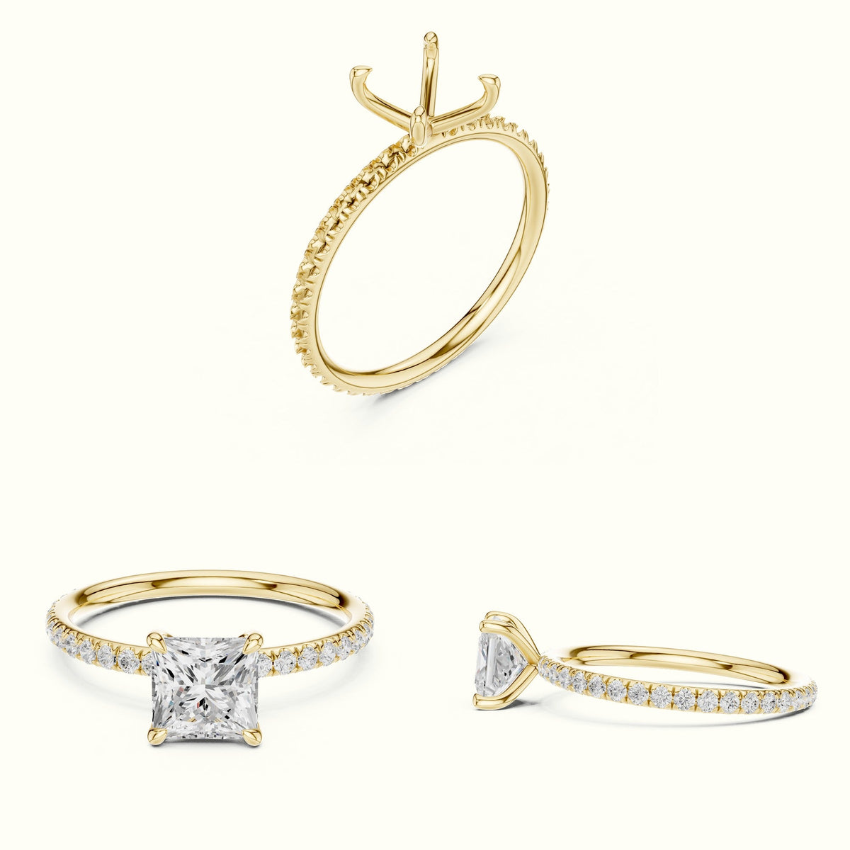Princess Peg Head Lab-Grown Diamond Solitaire Ring — Yellow gold, on the hand | Crystal N Cuts