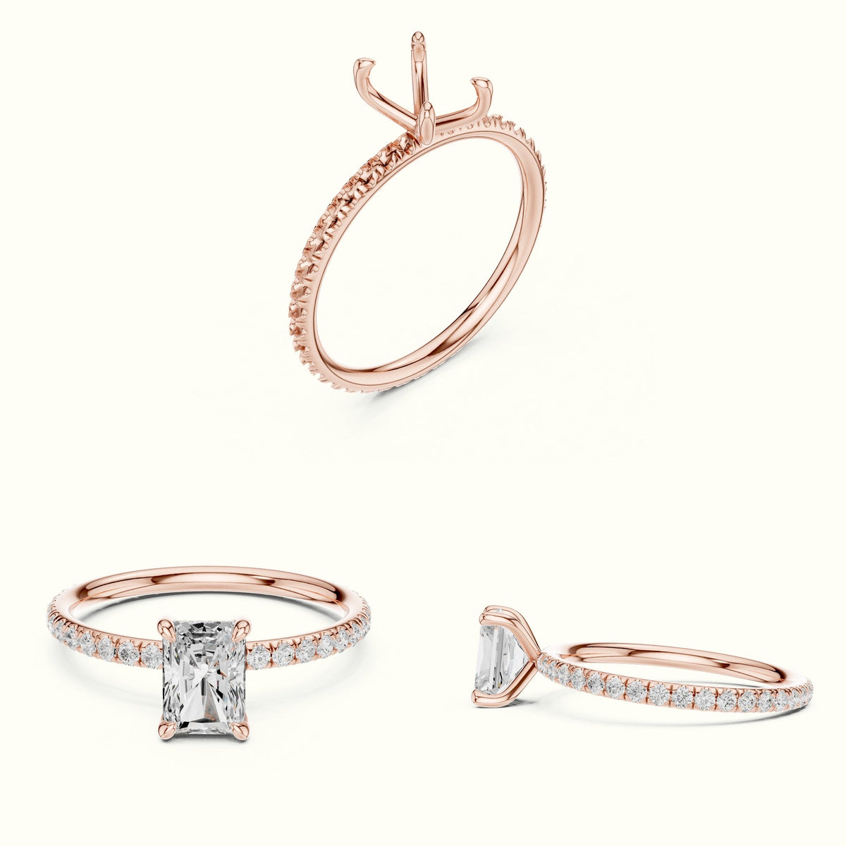 Radiant Peg Head Lab-Grown Diamond Solitaire Ring — Rose gold, on the hand | Crystal N Cuts