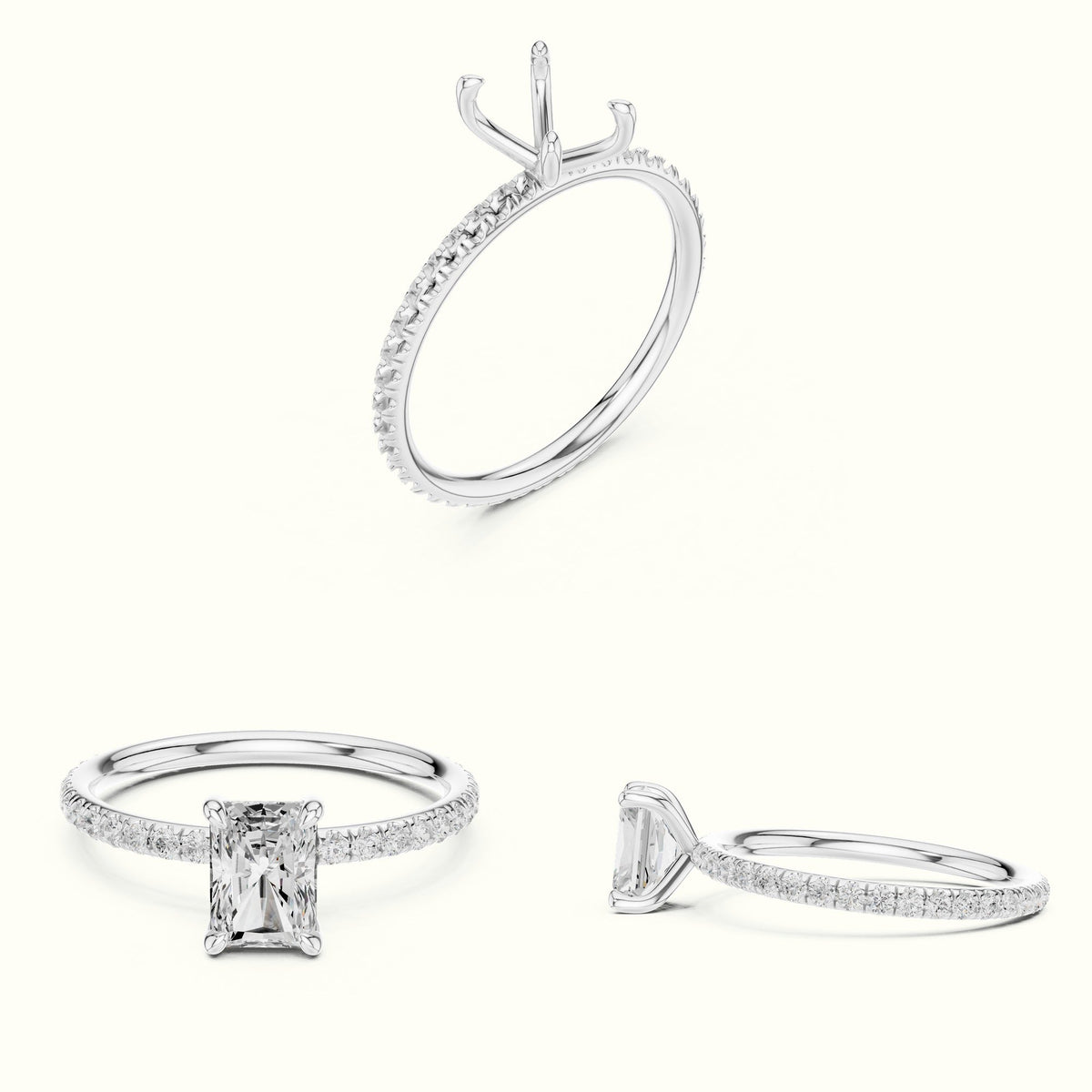Radiant Peg Head Lab-Grown Diamond Solitaire Ring — White gold, on the hand | Crystal N Cuts