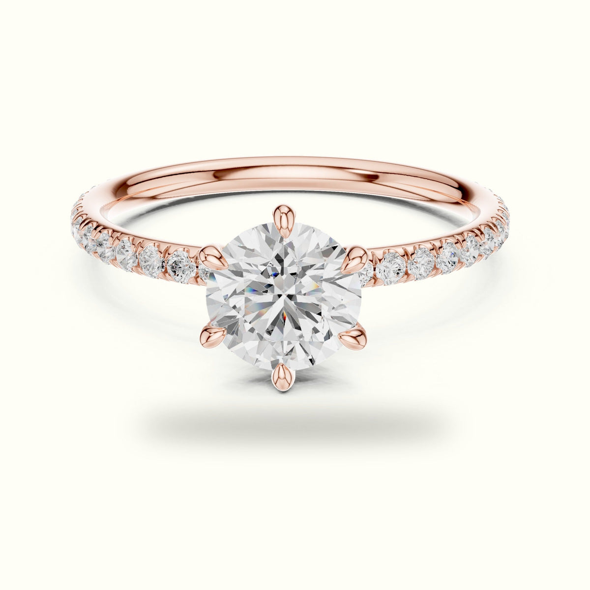 Six-Prong Classic Round Lab-Grown Diamond Solitaire Ring — Rose gold, front view | Crystal N Cuts