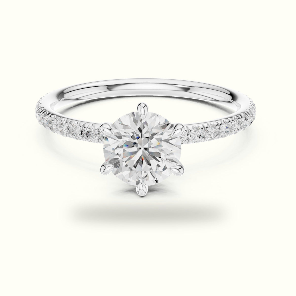 Six-Prong Classic Round Lab-Grown Diamond Solitaire Ring — White gold, front view | Crystal N Cuts