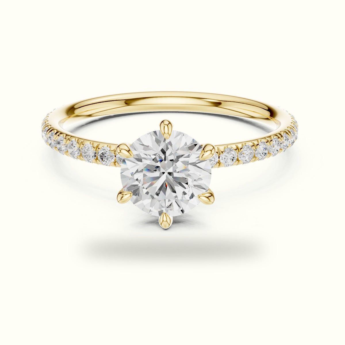 Six-Prong Classic Round Lab-Grown Diamond Solitaire Ring — Yellow gold, front view | Crystal N Cuts