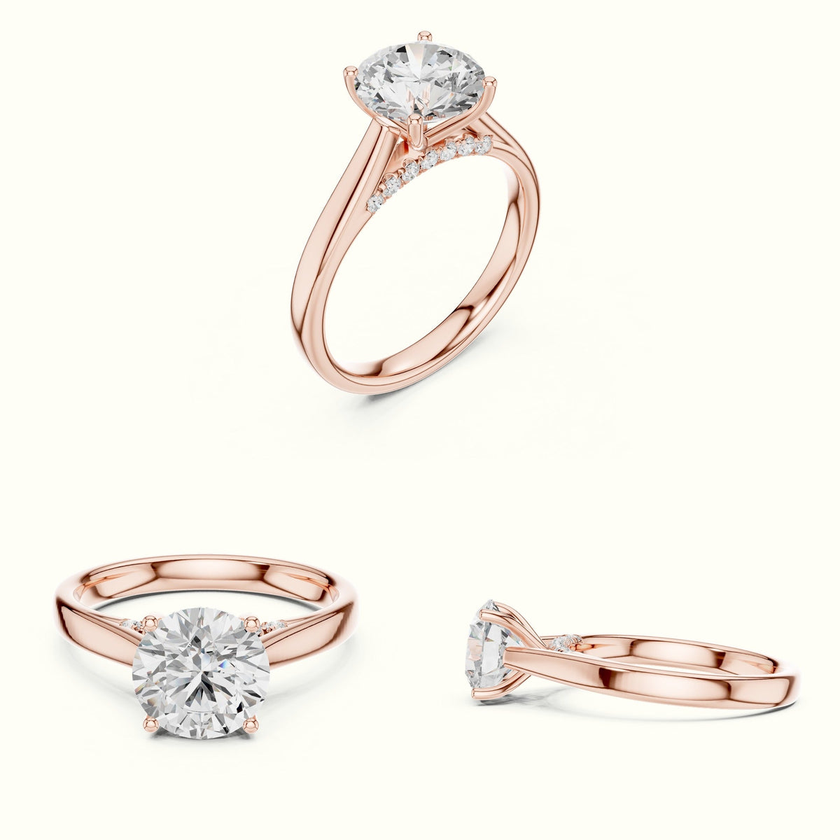 Round Cathedral Solitaire Ring — Rose gold, on the hand | Crystal N Cuts