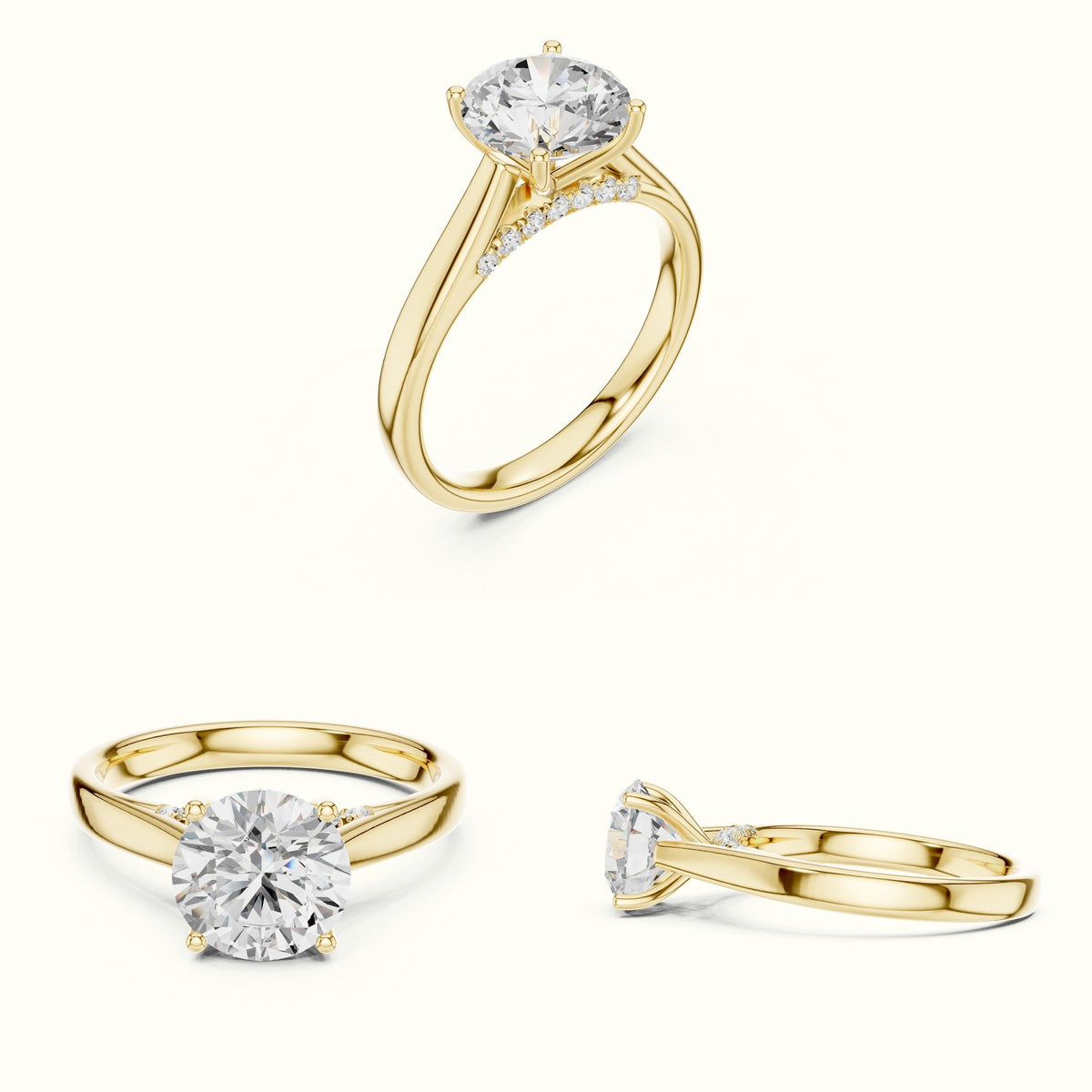 Round Cathedral Solitaire Ring — Yellow gold, on the hand | Crystal N Cuts