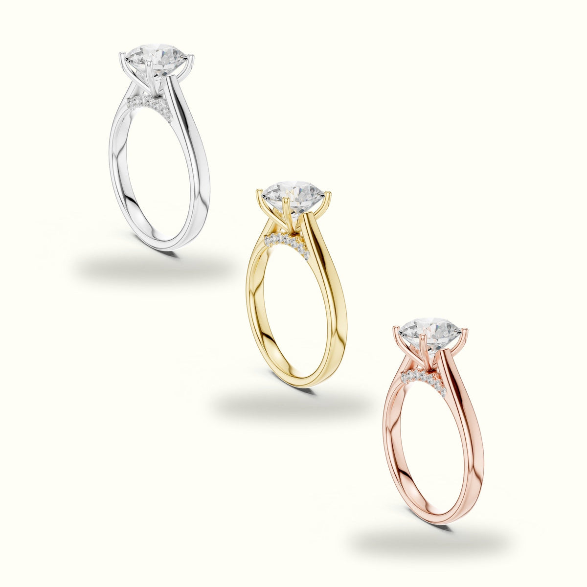 Round Cathedral Solitaire Ring — White gold, in yellow, white and rose gold | Crystal N Cuts