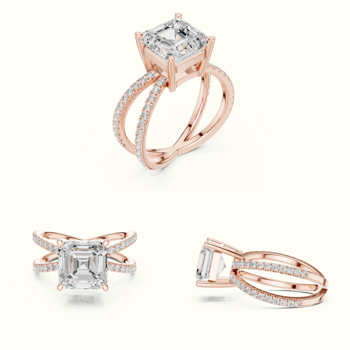 Asscher Cut Split Shank Pavé Engagement Ring — Rose gold, on the hand | Crystal N Cuts