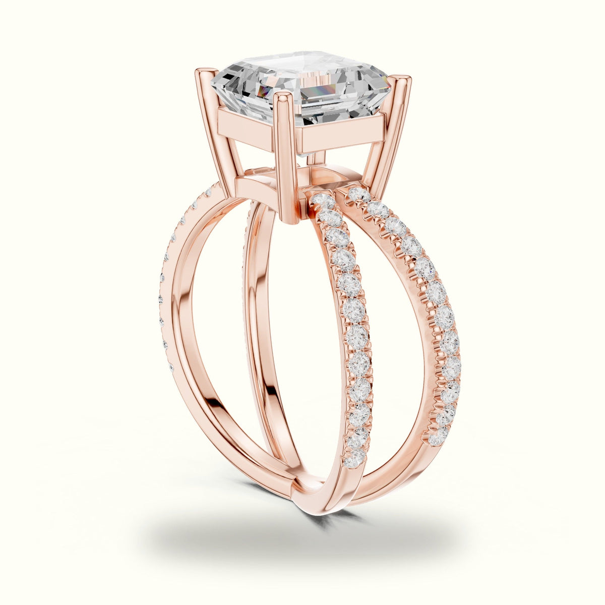 Asscher Cut Split Shank Pavé Engagement Ring — Rose gold, view 1 | Crystal N Cuts