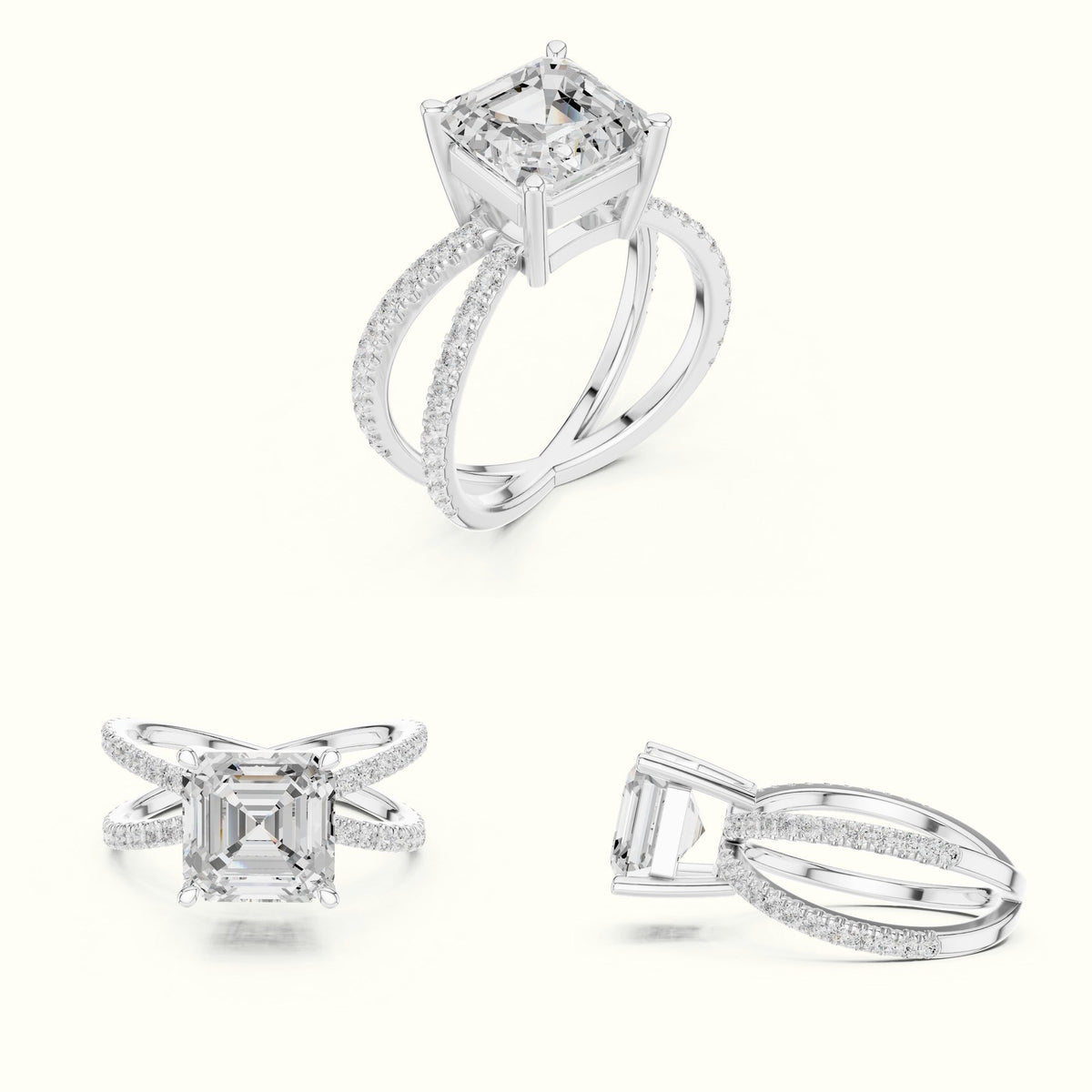 Asscher Cut Split Shank Pavé Engagement Ring — White gold, on the hand | Crystal N Cuts