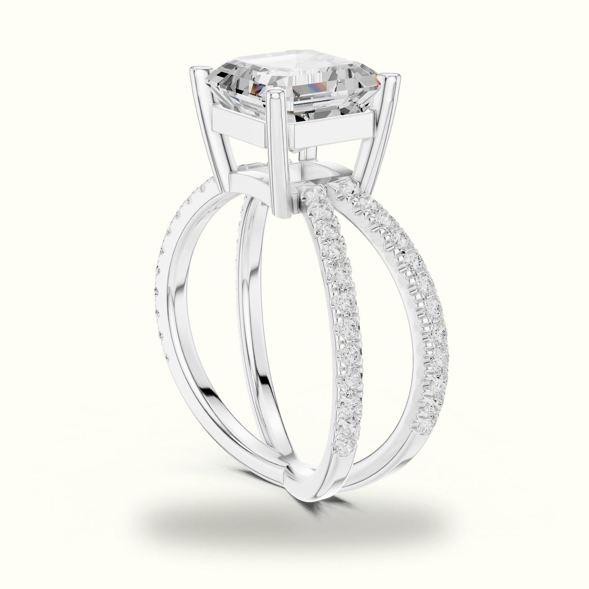 Asscher Cut Split Shank Pavé Engagement Ring — White gold, view 1 | Crystal N Cuts