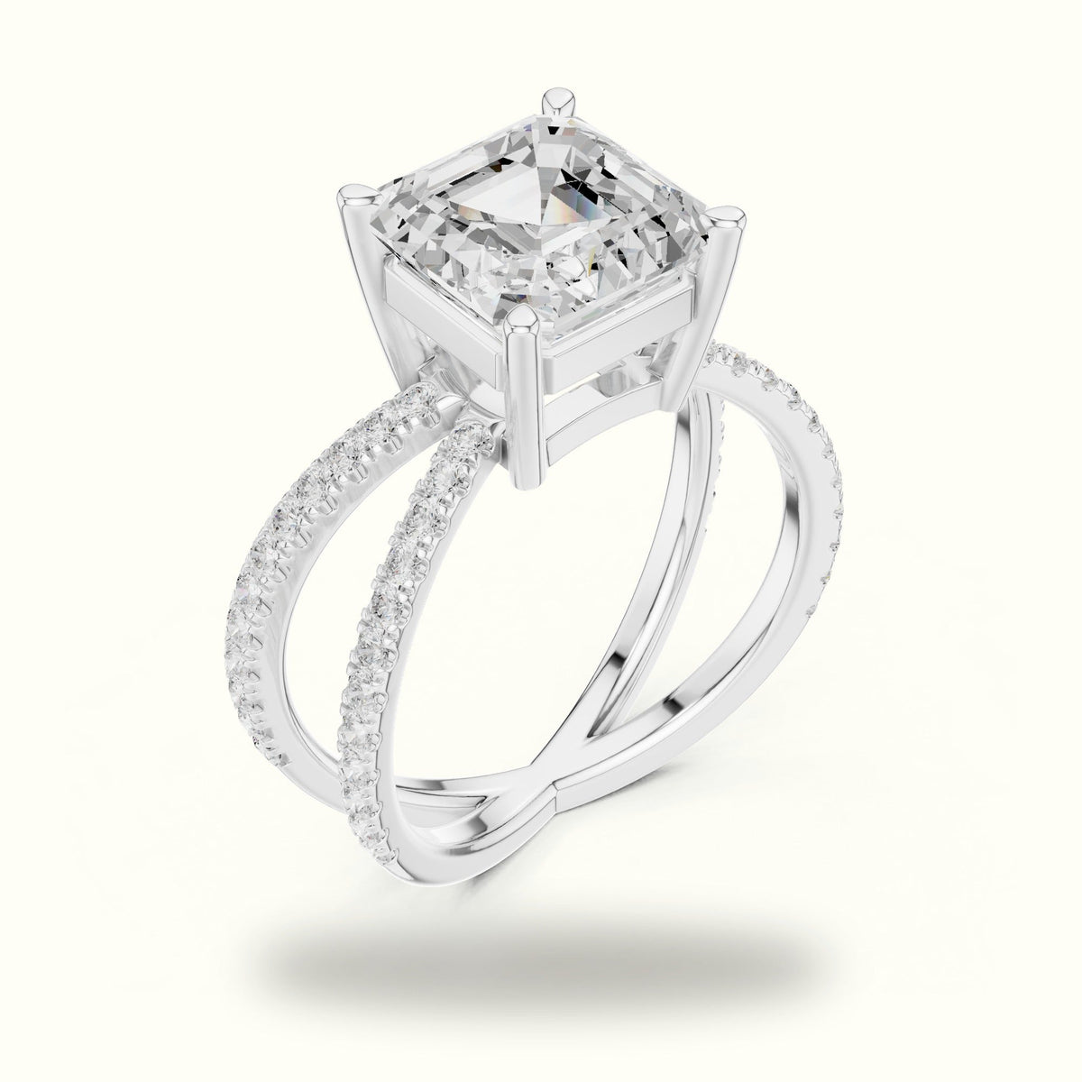 Asscher Cut Split Shank Pavé Engagement Ring — White gold, view 2 | Crystal N Cuts