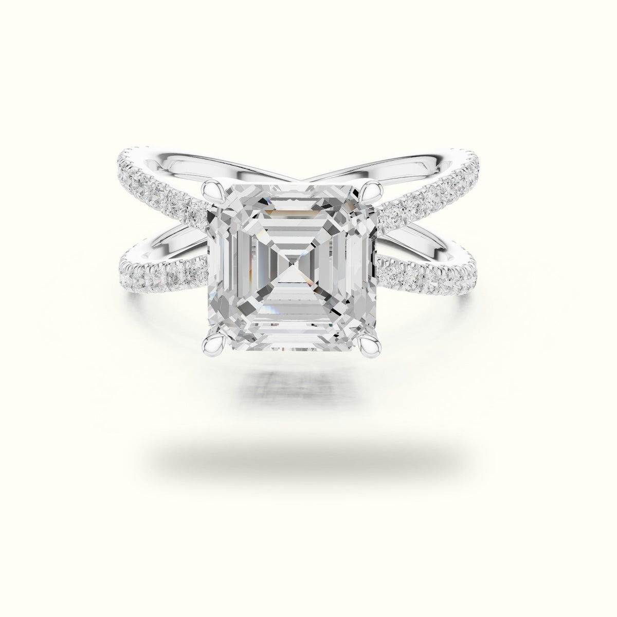 Asscher Cut Split Shank Pavé Engagement Ring — White gold, front view | Crystal N Cuts