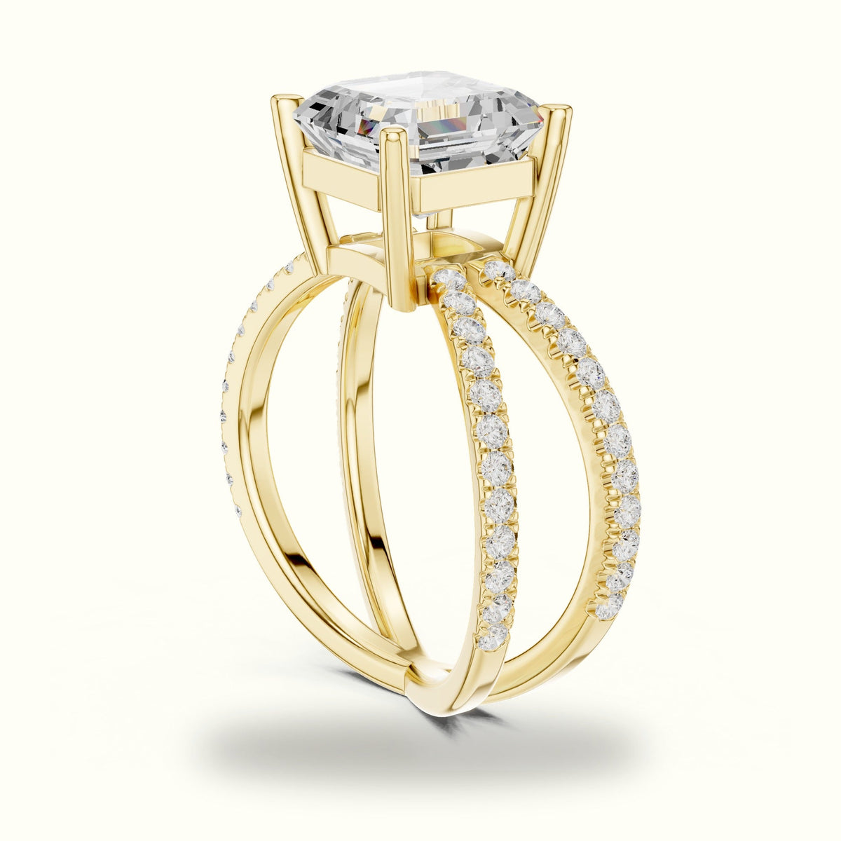 Asscher Cut Split Shank Pavé Engagement Ring — Yellow gold, view 1 | Crystal N Cuts