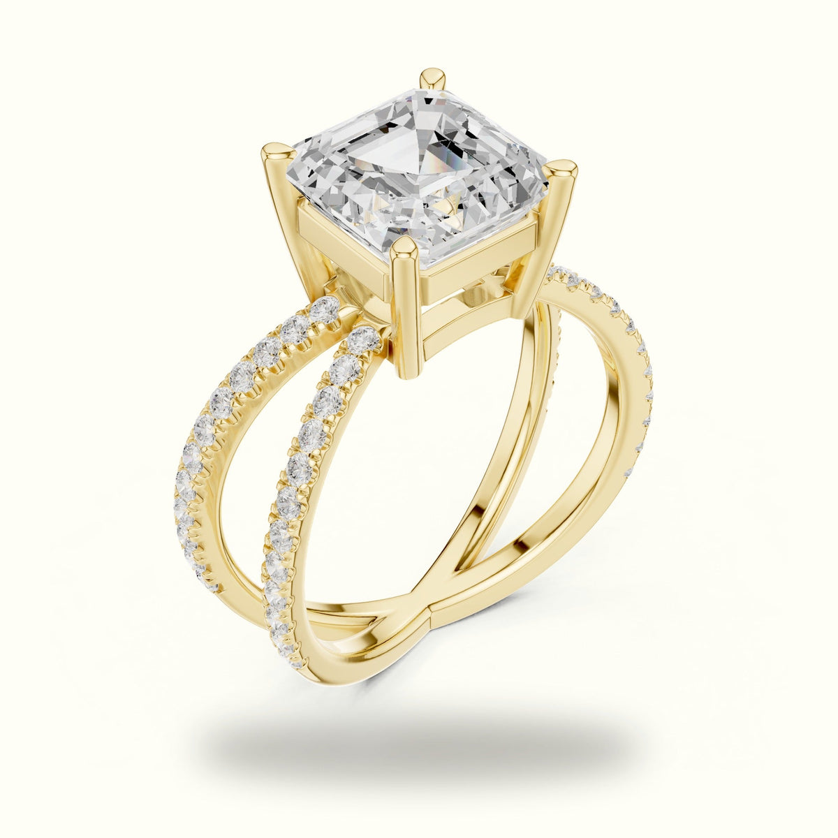 Asscher Cut Split Shank Pavé Engagement Ring — Yellow gold, view 2 | Crystal N Cuts