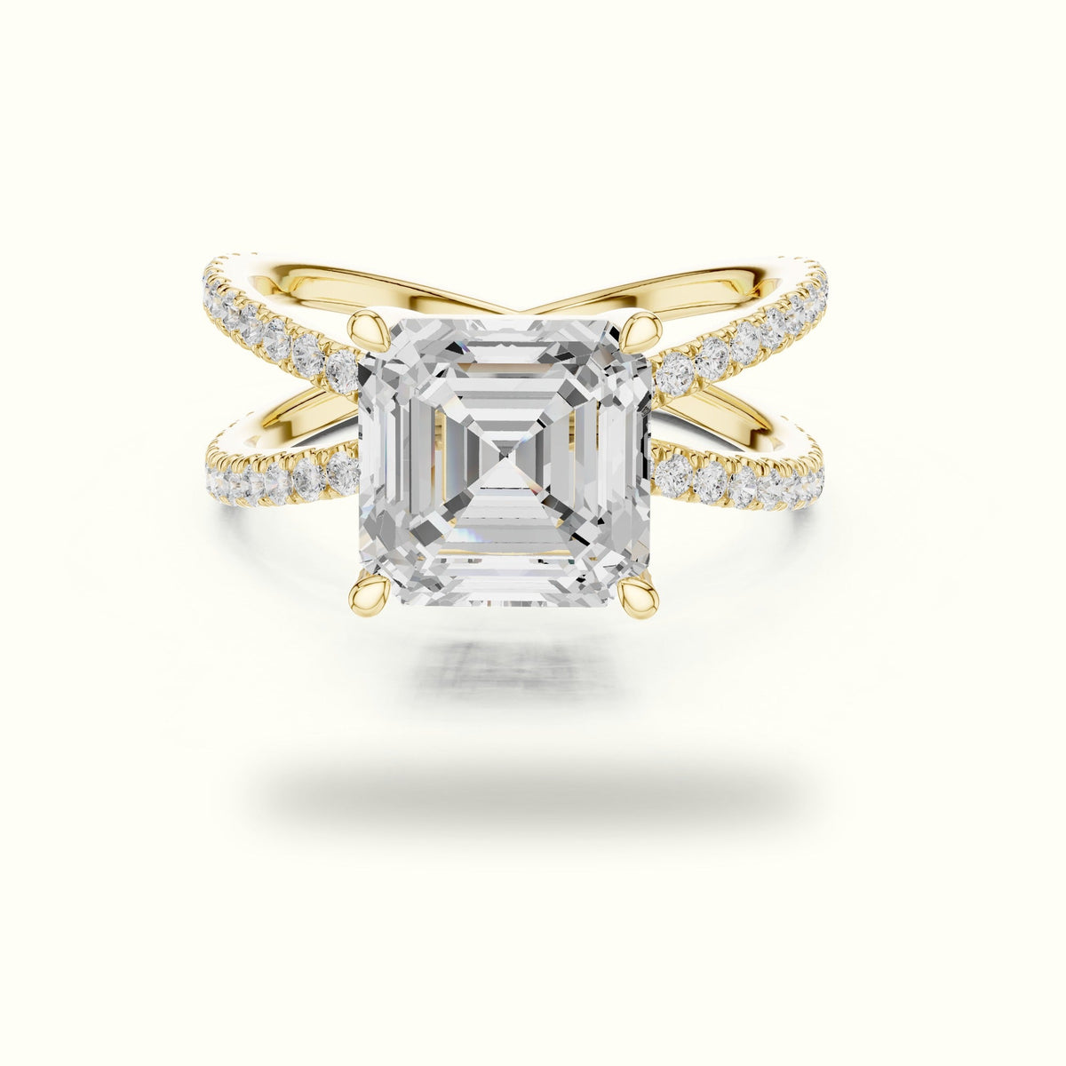 Asscher Cut Split Shank Pavé Engagement Ring — Yellow gold, front view | Crystal N Cuts