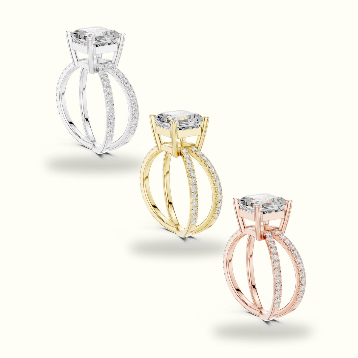 Asscher Cut Split Shank Pavé Engagement Ring — White gold, in yellow, white and rose gold | Crystal N Cuts