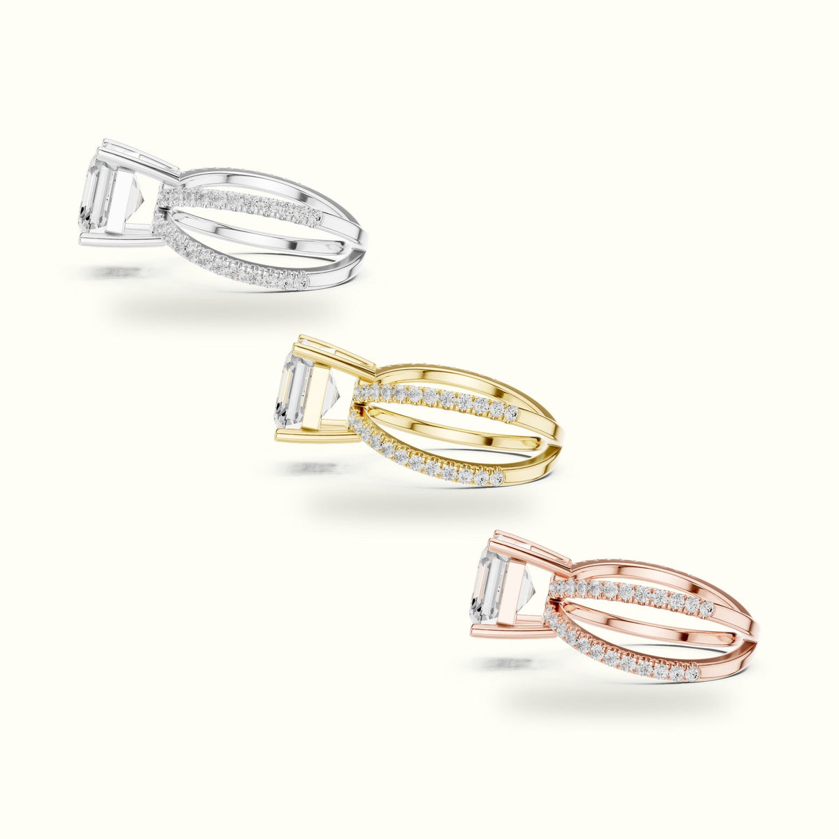 Asscher Cut Split Shank Pavé Engagement Ring — Yellow gold, in yellow, white and rose gold | Crystal N Cuts