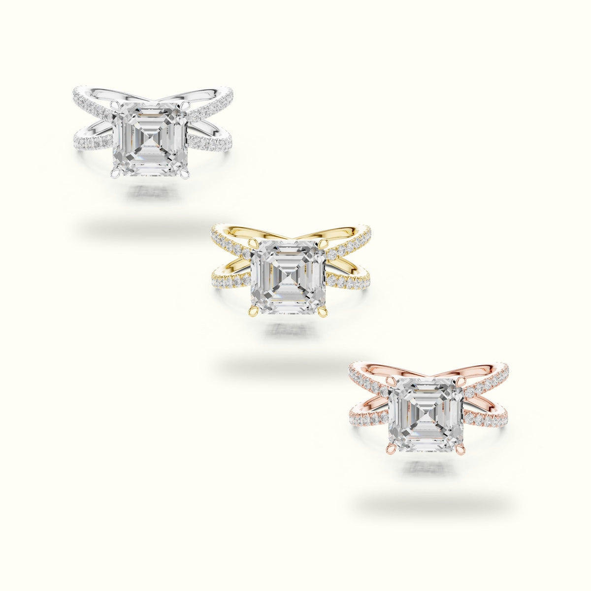 Asscher Cut Split Shank Pavé Engagement Ring — Yellow gold, front view | Crystal N Cuts