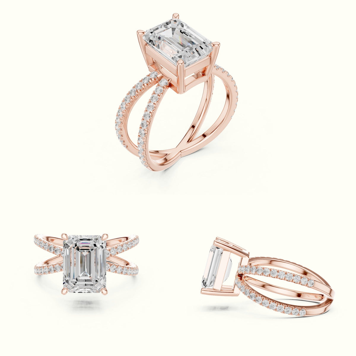 Emerald Cut Split Shank Pavé Engagement Ring — Rose gold, on the hand | Crystal N Cuts