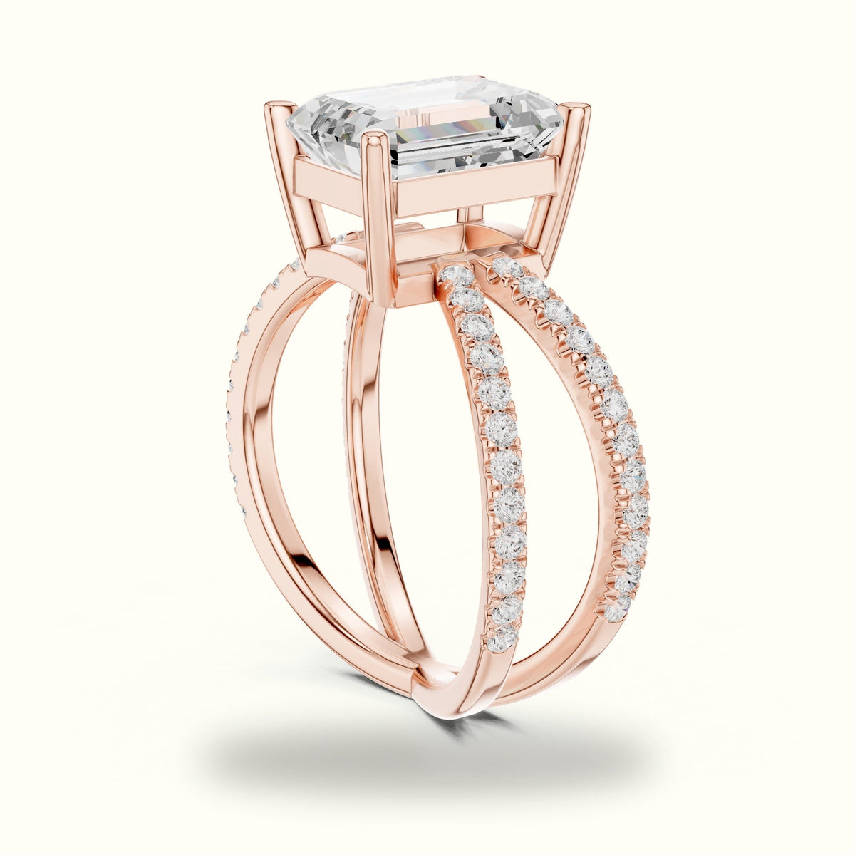 Emerald Cut Split Shank Pavé Engagement Ring — Rose gold, view 1 | Crystal N Cuts