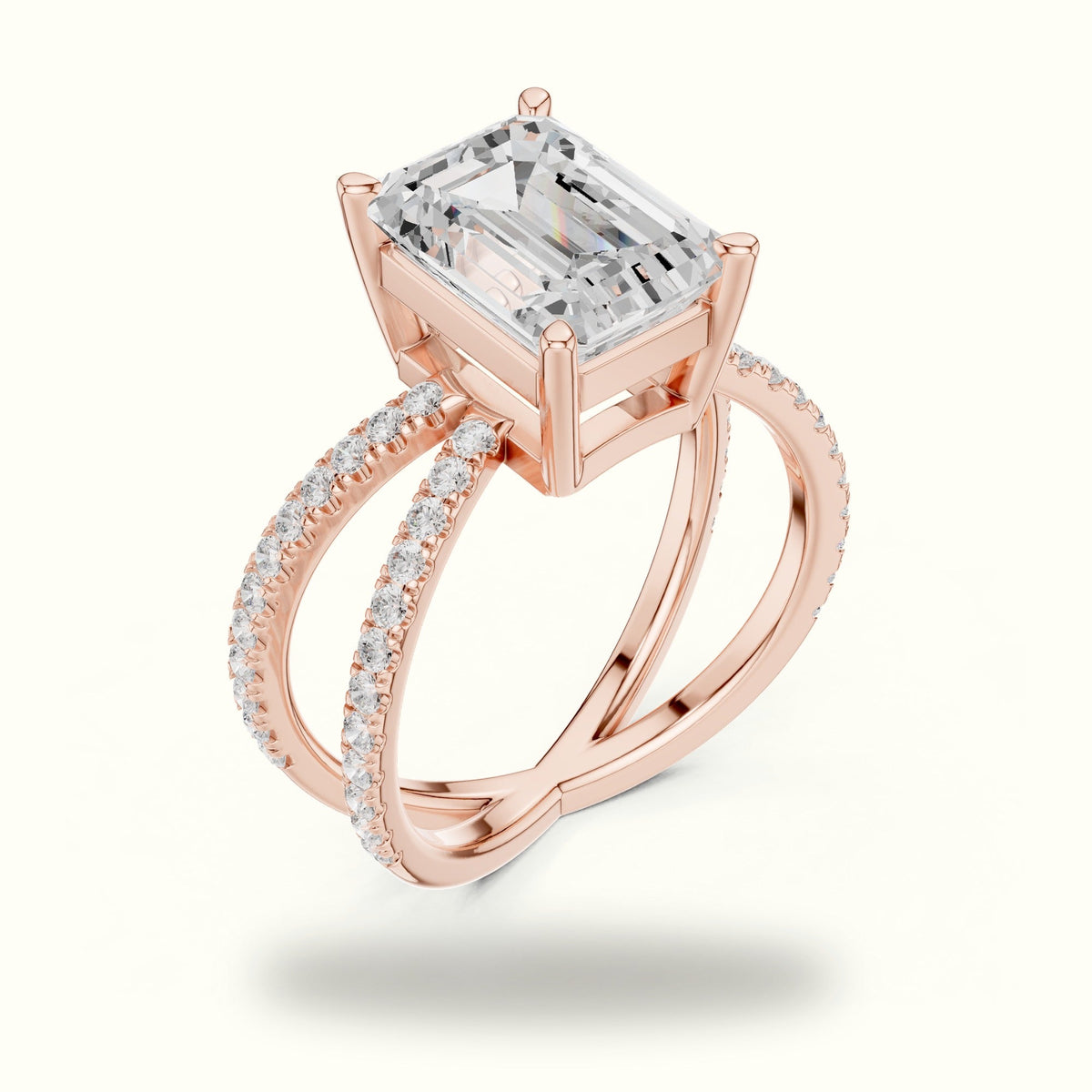 Emerald Cut Split Shank Pavé Engagement Ring — Rose gold, view 2 | Crystal N Cuts