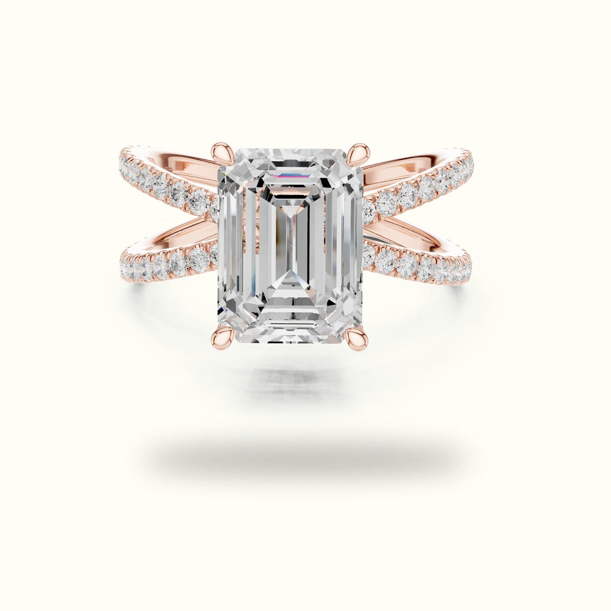 Emerald Cut Split Shank Pavé Engagement Ring — Rose gold, front view | Crystal N Cuts