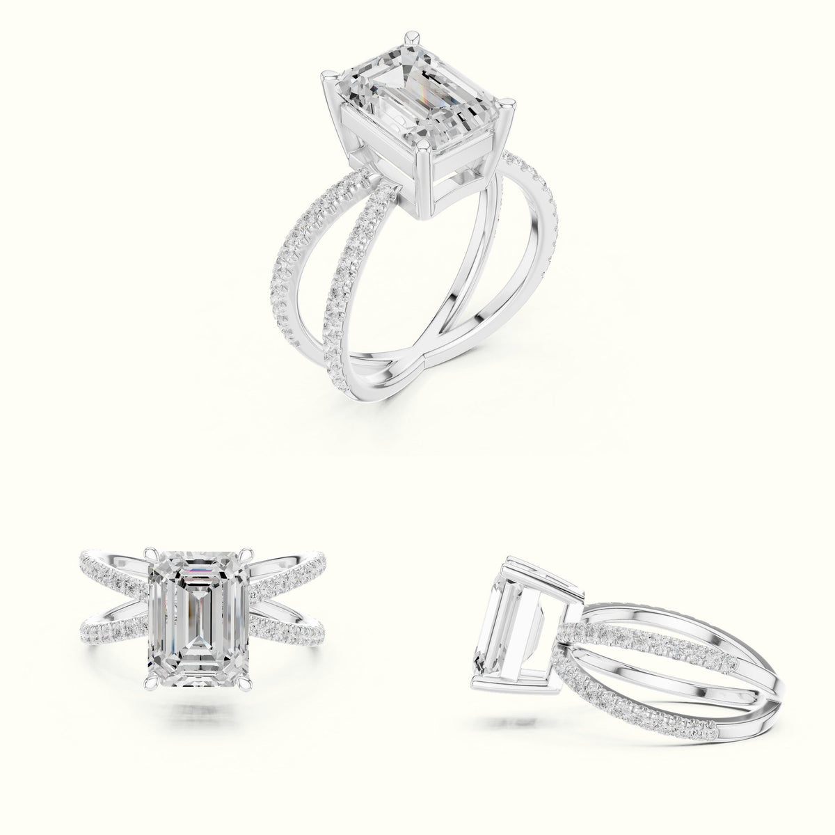 Emerald Cut Split Shank Pavé Engagement Ring — White gold, on the hand | Crystal N Cuts