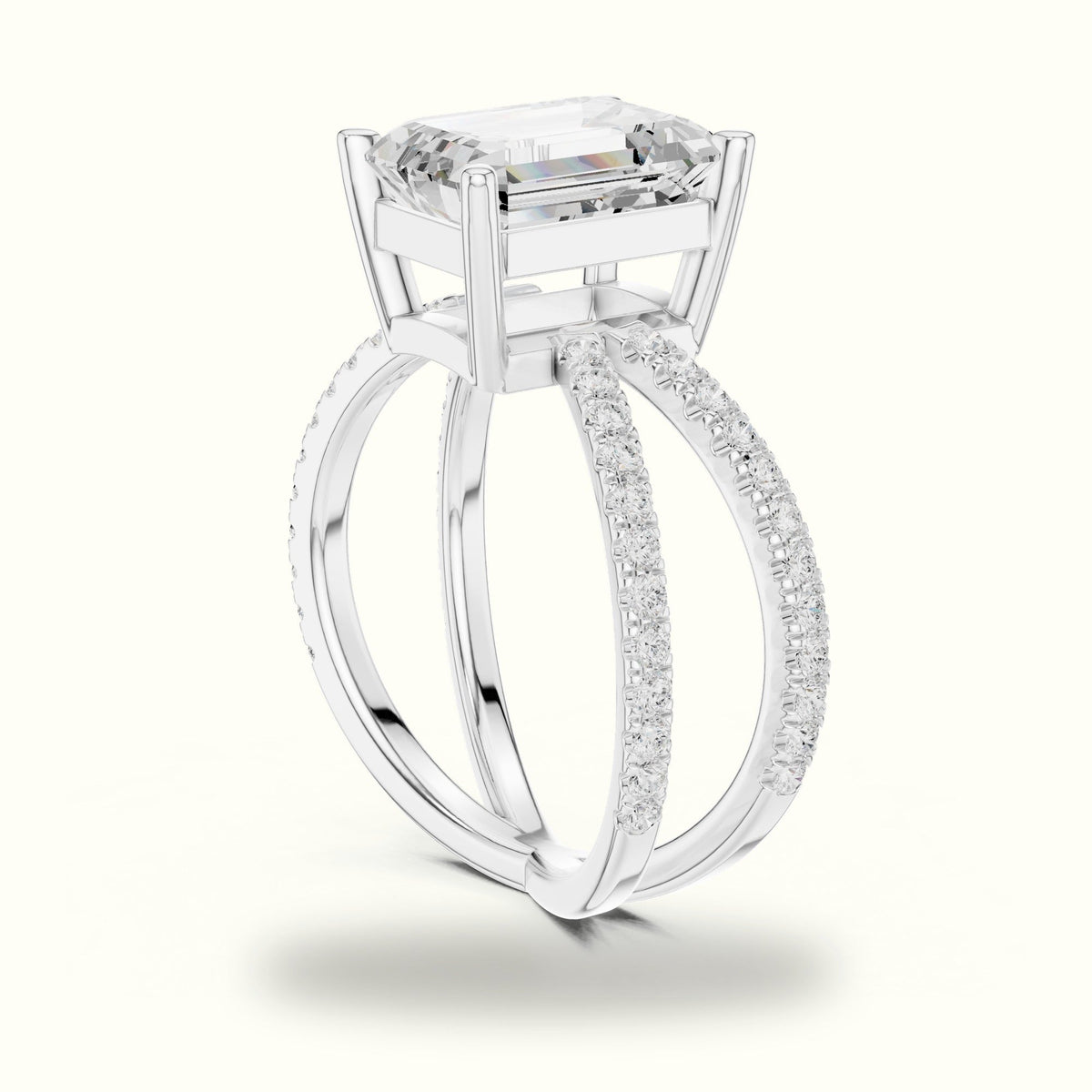 Emerald Cut Split Shank Pavé Engagement Ring — White gold, view 1 | Crystal N Cuts