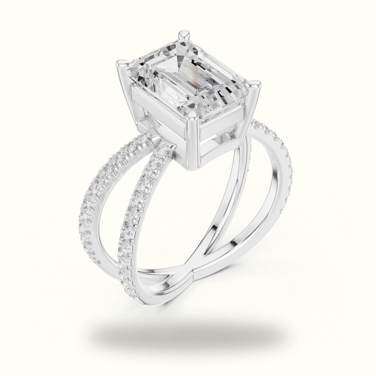 Emerald Cut Split Shank Pavé Engagement Ring — White gold, view 2 | Crystal N Cuts