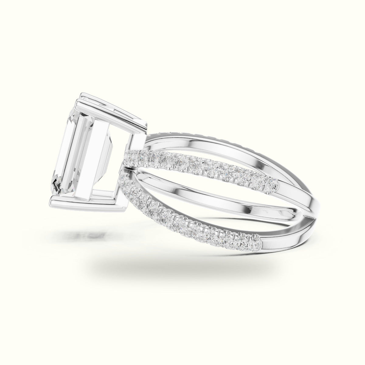 Emerald Cut Split Shank Pavé Engagement Ring — White gold, view 3 | Crystal N Cuts