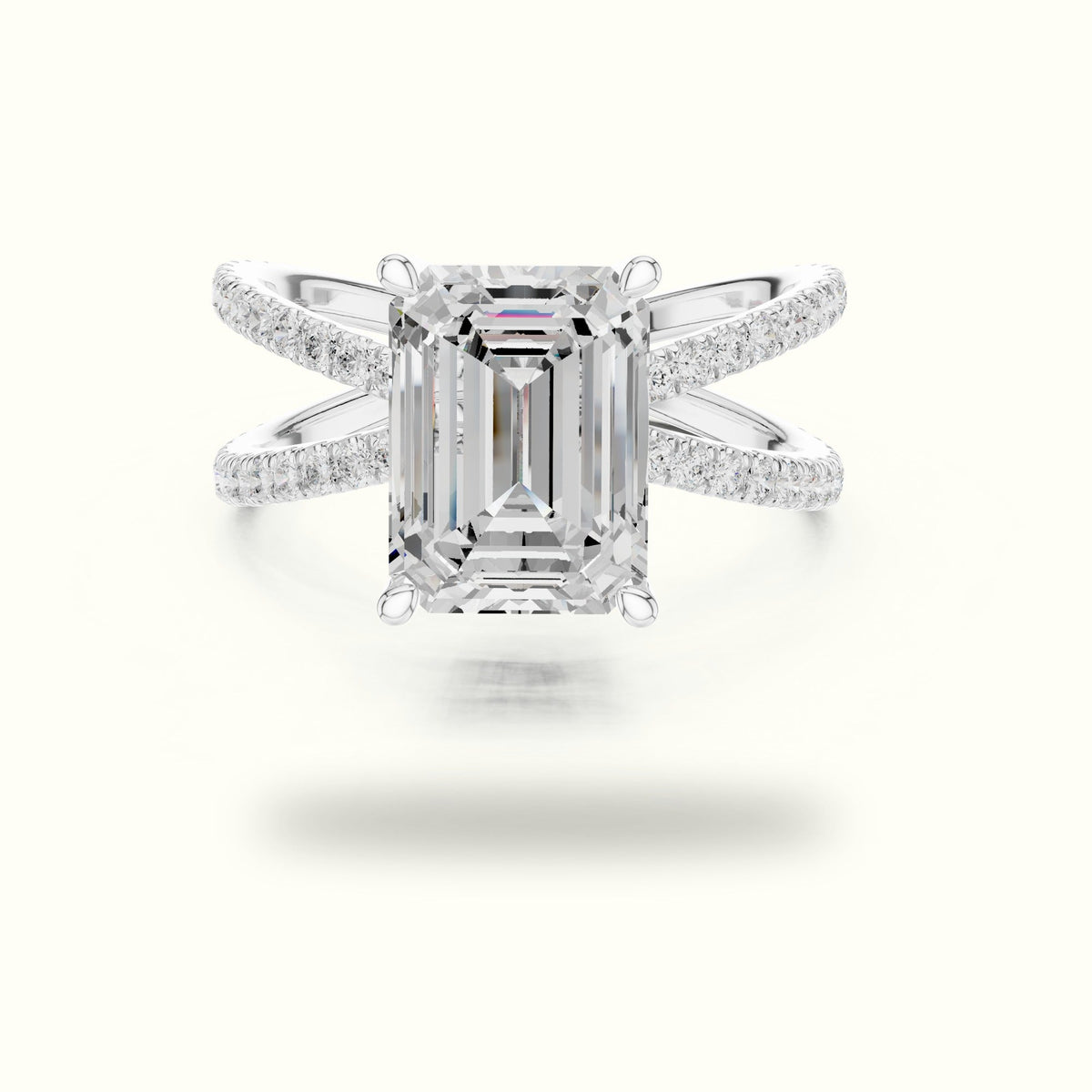 Emerald Cut Split Shank Pavé Engagement Ring — White gold, front view | Crystal N Cuts